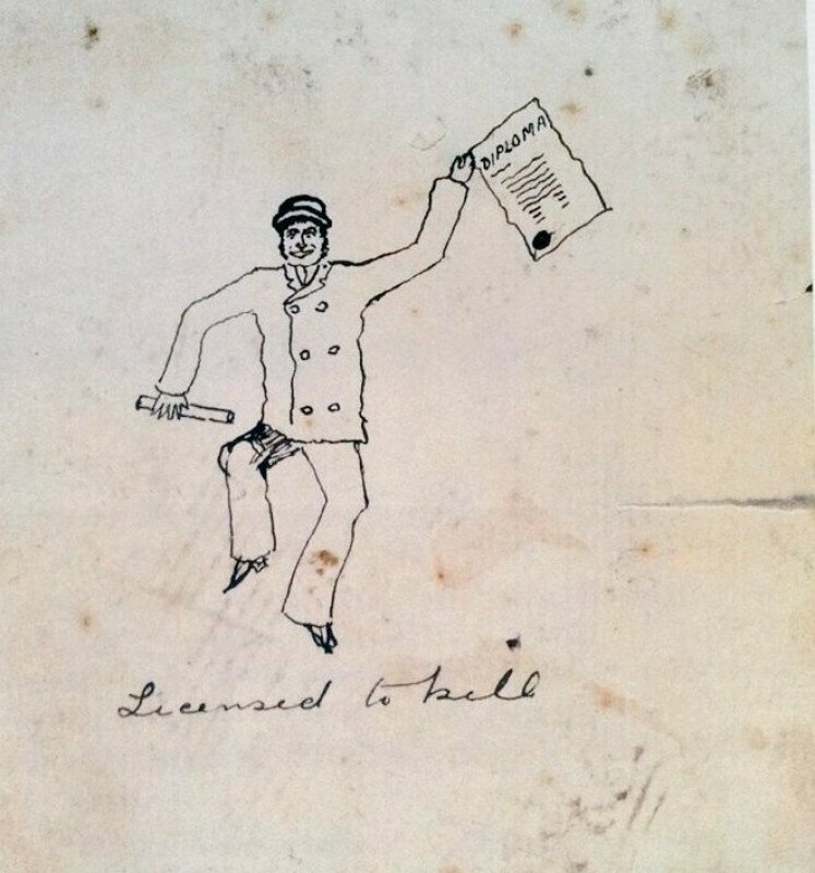 Автопортрет сэра Артура Конан Дойля, сделанный после получения степени бакалавра медицины, со своим медицинским дипломом в руках и подписью "Лицензия на убийство", 1881 год.