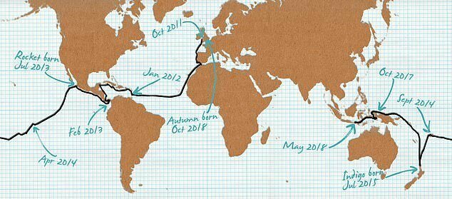 Семья побывала в 36 странах, проплыла около 42 тыс. км (на карте отмечено, где и когда родились дети)