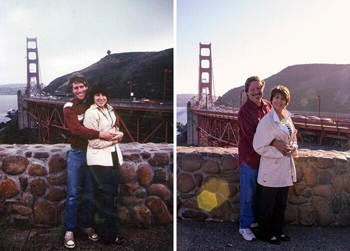 11. Мои родители сфотографировались на фоне моста в Сан-Франциско в 1982 году и 32 года спустя