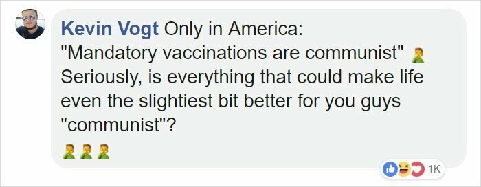 Только в Америке: "Обязательная вакцинация - коммунистический метод". Серьезно? Все, что может сделать жизнь хоть немного лучше, для вас, ребята, "коммунистическое"?