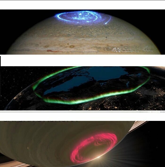 Полярное сияние на разных планетах: Юпитере, Земле и Сатурне