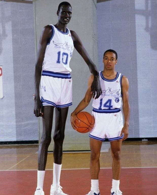 Мануте Бол, баскетболист из Судана, 231 см. Примечательно, что он родился в семье гигантов - рост его матери 206, а отца 201 см.