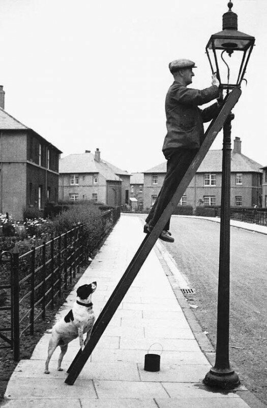 Фонарщик и его пёс на подстраховке. Шотландия, 1937 г.