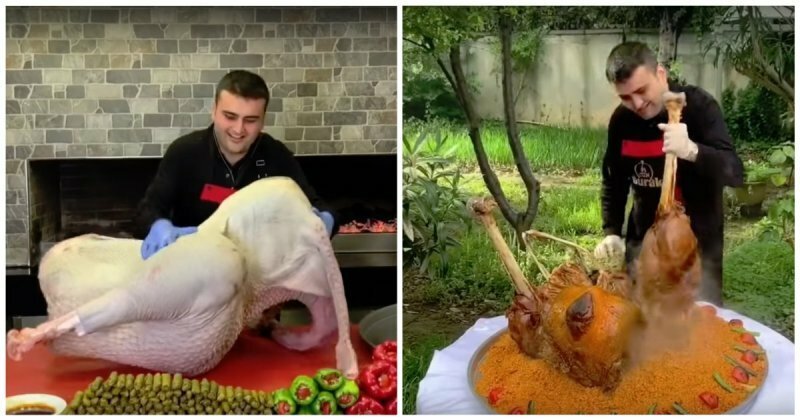 Прославившийся в интернете турецкий повар приготовил огромную фаршированную птицу
