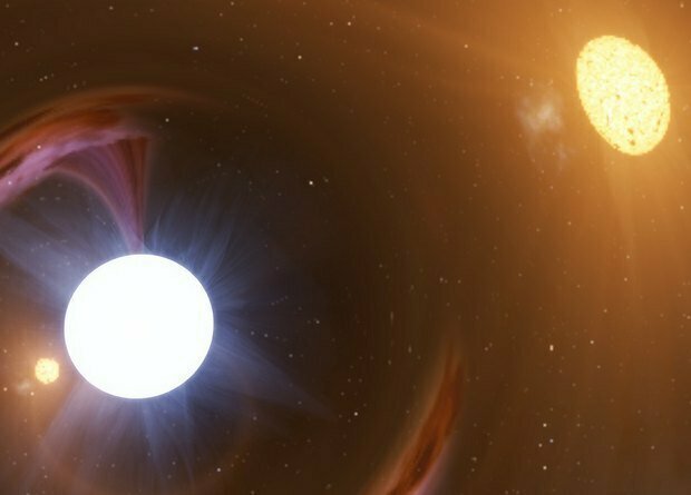 Нейтронная звезда и ее компаньон в двойной системе с учетом искривления пространства в представлении художника