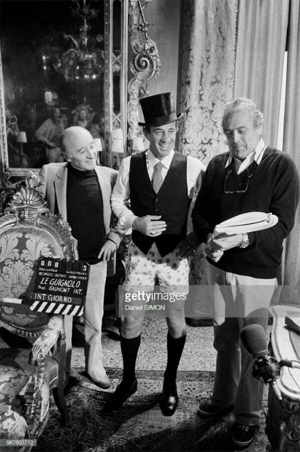 Жорж Лотнер, Жан-Поль Бельмондо и Мишель Одиар во время съемок фильма "Игра в четыре руки" 22 октября 1979 года в Венеции