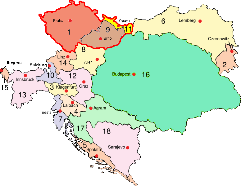 Австро-Венгерская Империя в 1910 году, желтым цветом и №11 обозначена земли Силезского княжества в составе империи. Земли Короны Чешской, обозначены красной линией.