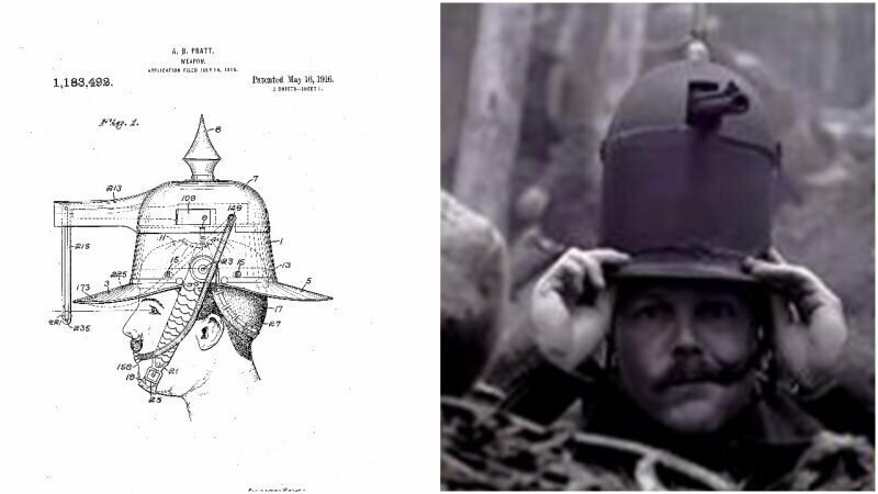 В 1916 году американский изобретатель Альберт Пратт запатентовал шлем-пистолет. Ствол и магазин самозарядного пистолета располагались поверх головы бойца, а прицельный щиток перед лицом помогал навести оружие