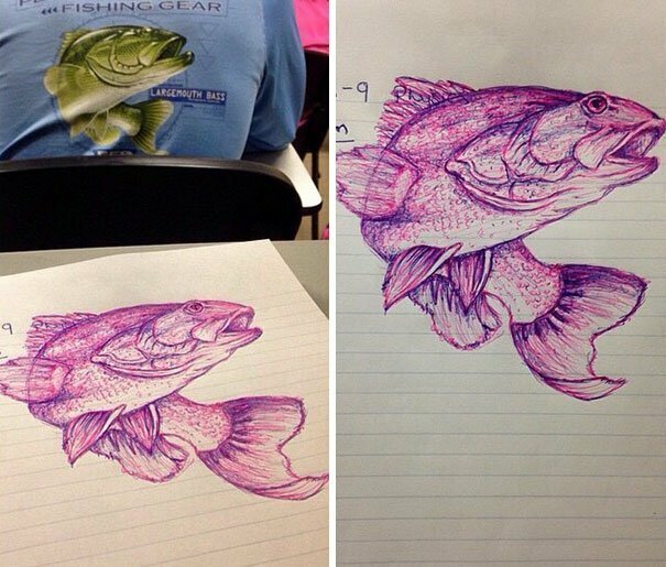 Студентка, которой было скучно на лекции, вместо конспекта срисовала рисунок с футболки парня, сидевшего перед ней