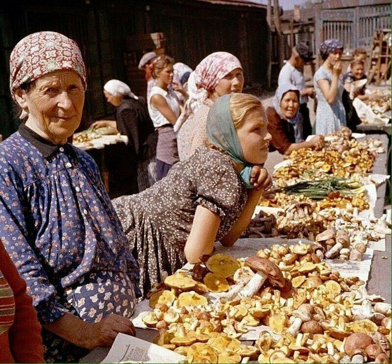 13. Продажа грибов на Даниловском рынке в Москве. 1959 год