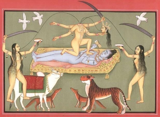 Чиннамаста, безголовая богиня, танцующая на совокупляющихся богах и кормящая дочерей своей кровью