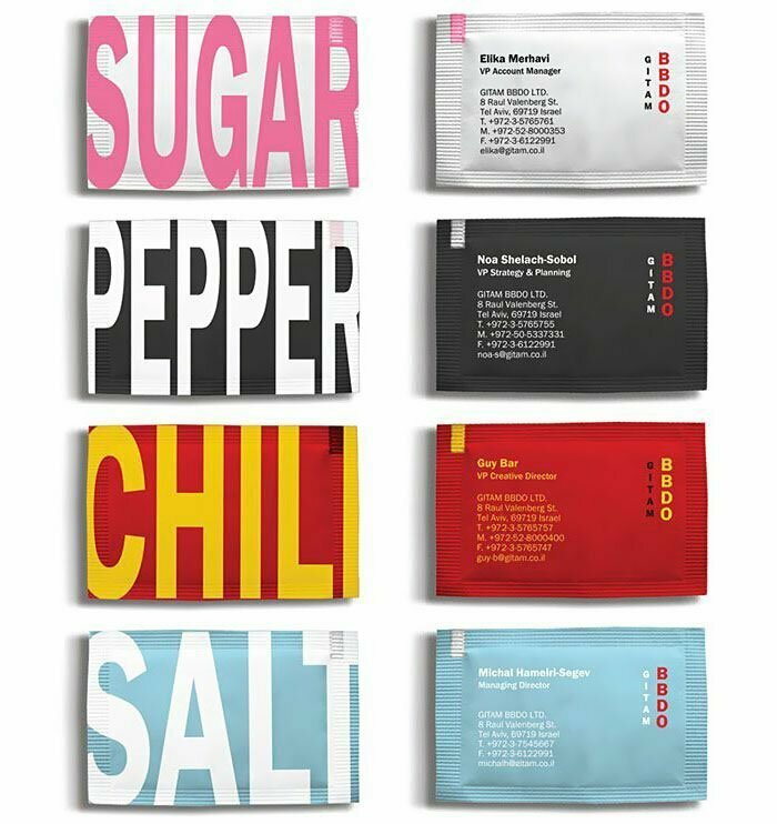 Визитные карточки рекламного агентства (пакетики с сахаром, солью и специями)