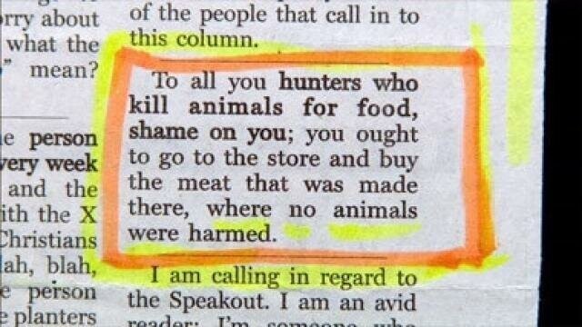 Примерный перевод - позор охотникам, ведь можно купить мясо в магазине и ни одно животное не пострадает.