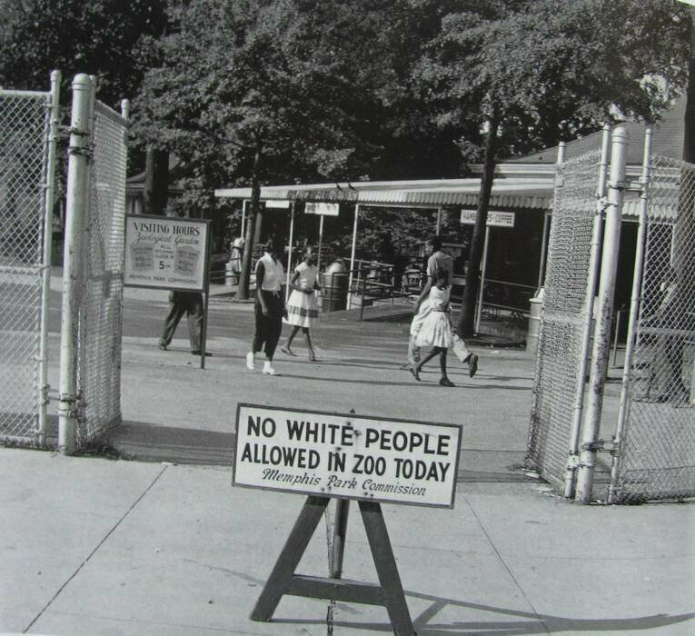 Знак, установленный перед Мемфисским зоопарком в четверг. Четверг - единственный день недели, в который афроамериканцам было разрешено посетить зоопарк. 1959 г.