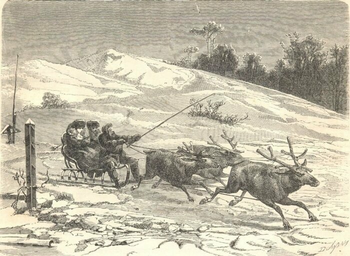 На севере для зимних поездок (да и летних, наверное, тоже) использовали оленей. Слева изображен верстовой столб, служивший для измерения расстояния.