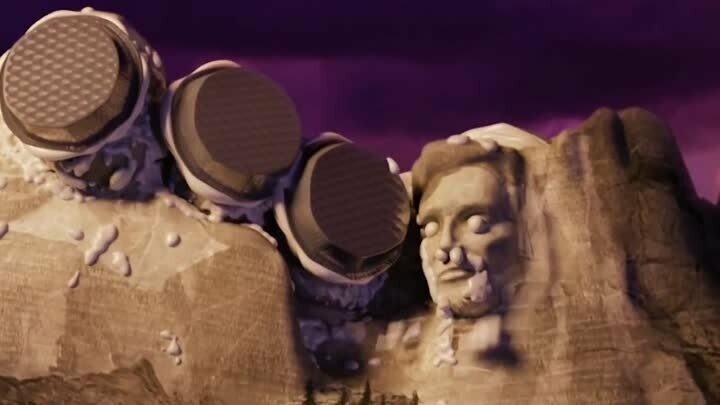 В мультфильме "Облачно, возможны осадки в виде фрикаделек", каждый президент получил пирог в лицо, кроме Авраама Линкольна - ему пирог угодил в затылок, как и пуля, которая его убила