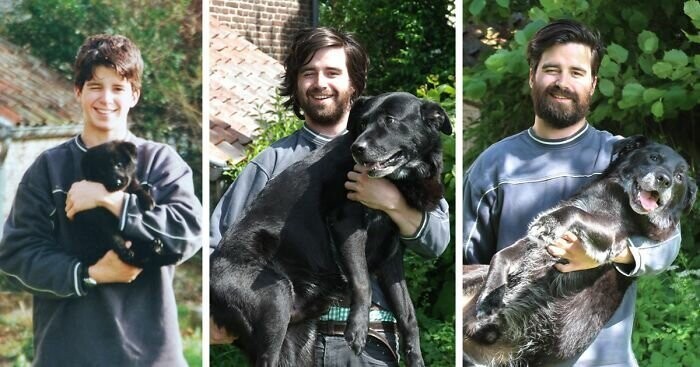 Парень воссоздал ту же самую фотографию со своей собакой 15 лет спустя, чтобы попрощаться.
