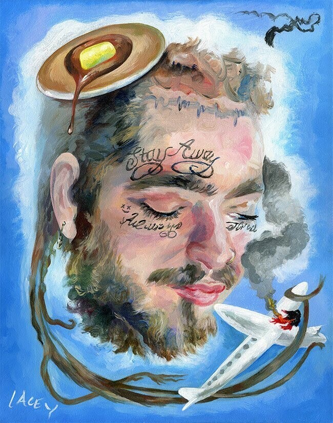 Художник рисует знаменитостей с блинами на головах