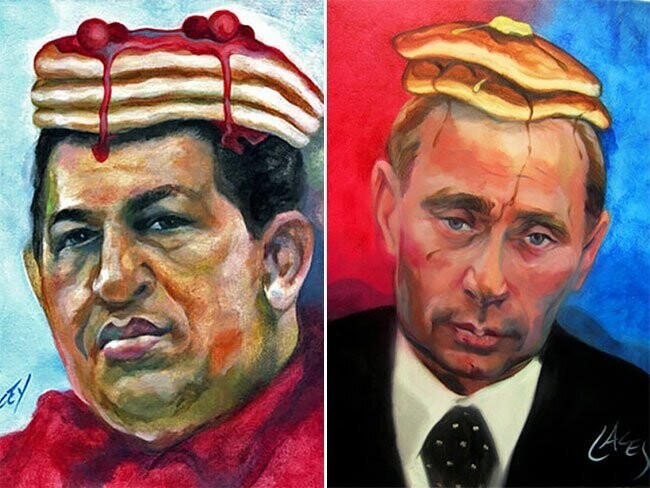 Художник рисует знаменитостей с блинами на головах