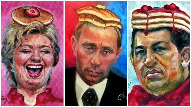 Художник рисует знаменитостей с блинами на головах