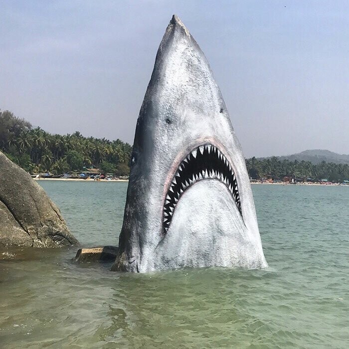 Американский художник, мастер граффити Джимми Свифт превратил скалу на Гоа вот в такую чудовищную белую акулу-людоеда