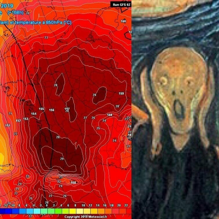 Слева — температурная карта Франции согласно системе прогнозирования GFS, справа — картина Эдварда Мунка «Крик». Найдите отличия