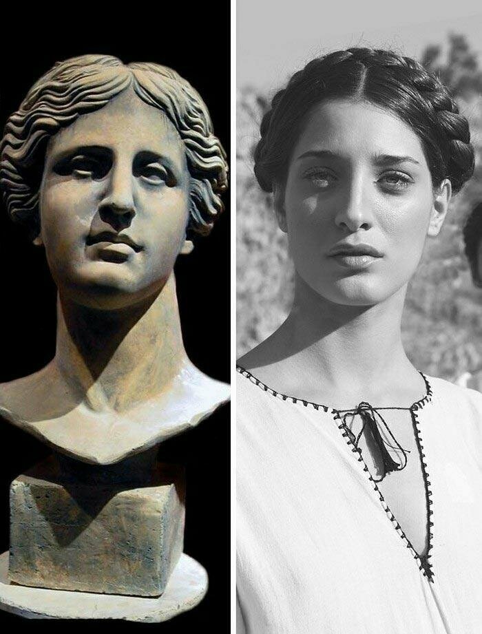 Слева — античный бюст Афродиты. Справа — фото современной греческой модели Андри Каратони