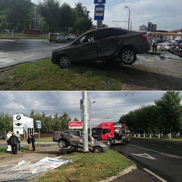Авария дня. В центре Казани Lada столкнулась с автовозом