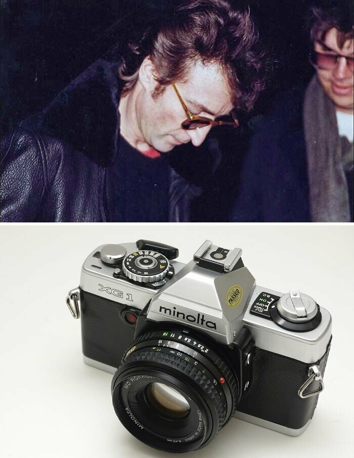 16. Джон Леннон и Марк Дэвид Чепмен, фотограф Пол Гореш, 1980 год. Камера Minolta Xg-1