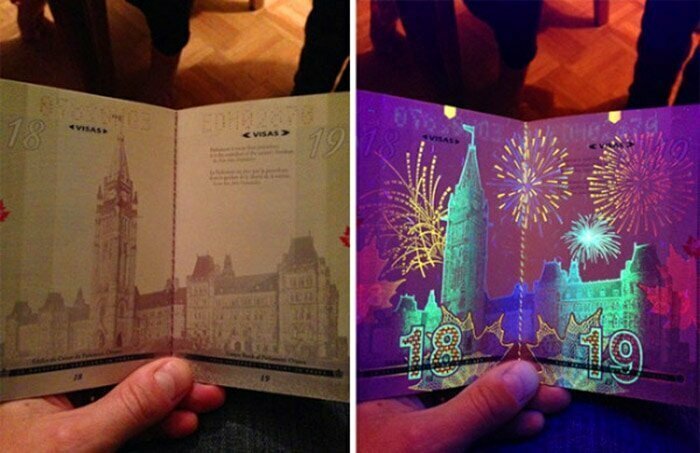 5. Канадский паспорт (справа — под ультрафиолетом)