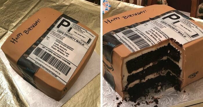 Женщина так любила заказывать на Amazon, что муж преподнёс ей на день рождения торт в виде посылки