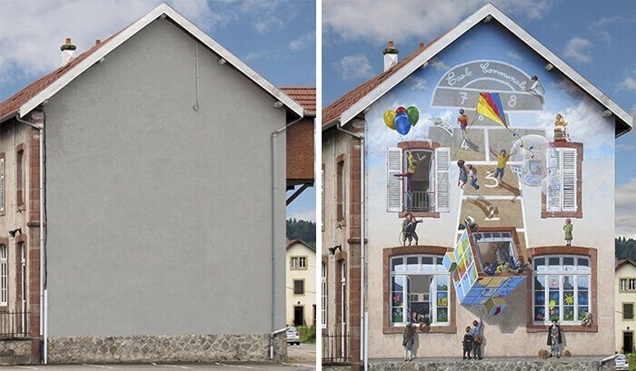Художник превращает скучные фасады в яркие сценки, полные жизни