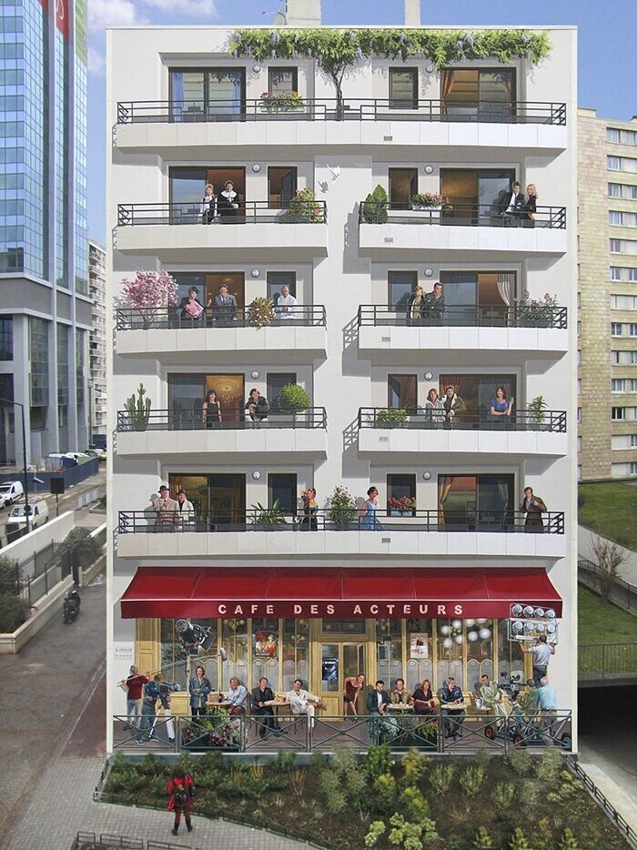 Художник превращает скучные фасады в яркие сценки, полные жизни