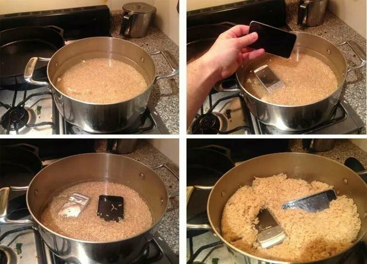Когда ваш телефон намокает, вы должны положить его в сырой рис, чтобы вытянуть влагу. Поэтому, когда вы готовите рис с большим количеством воды, добавьте туда несколько телефонов!