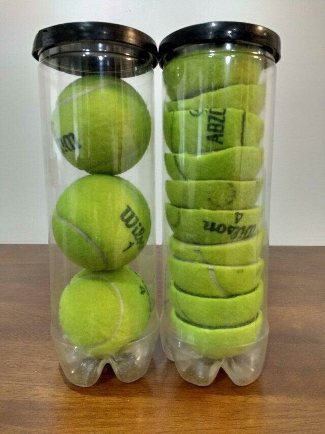 Разрежьте свои теннисные мячи пополам, чтобы хранить больше в каждом контейнере