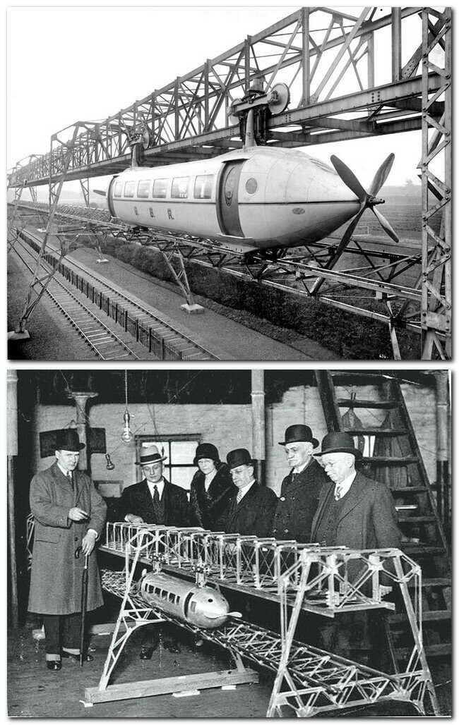 8. Джордж Бенни (George Bennie, 1891-1957) предложил и построил в 1930-х годах недалеко от Глазго, столицы Шотландии, монорельсовую 120-метровую дорогу с модулями, приводимыми в движение пропеллерами.