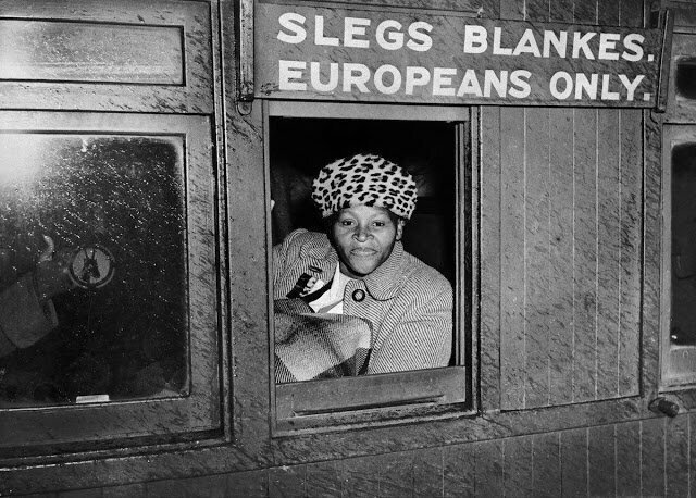 Женщина сидит в вагоне, предназначенном для белых, в знак протеста против апартеида, 1952 г.