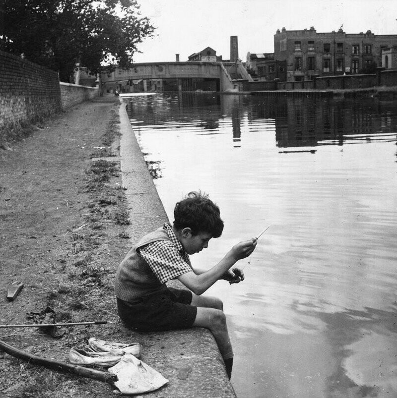 Оптимистичный рыболов на берегу лондонского канала, август 1953 года.