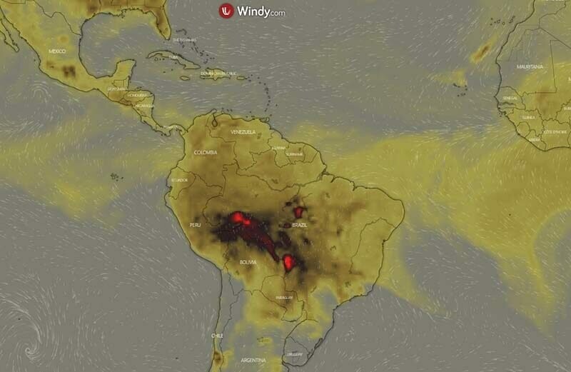 Эта карта показывает текущий уровень концентрации CO в Южной Америке