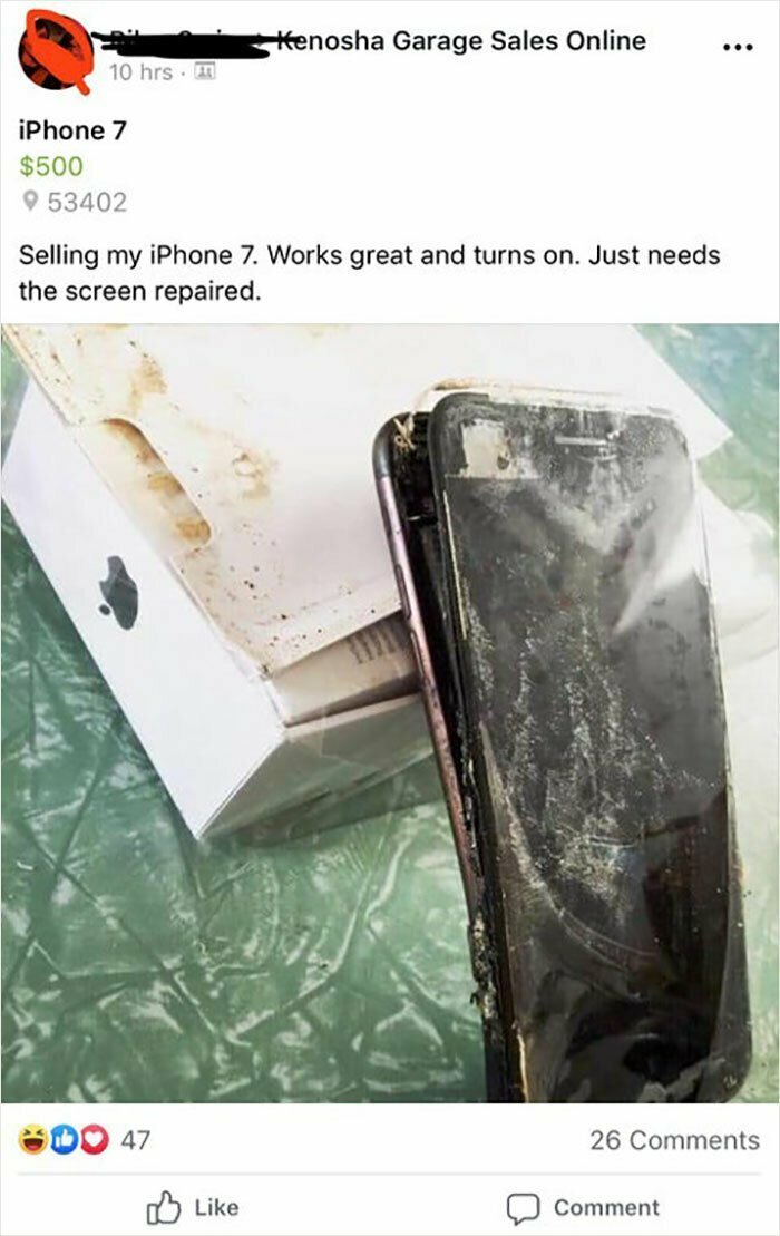 14. "Продаю свой Iphone 7. Прекрасно работает и включается. Лишь требуется ремонт экрана"