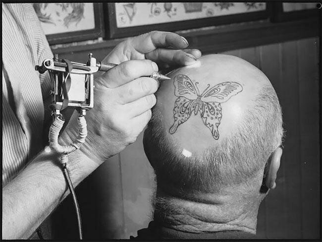 Мужчина с татуировкой бабочки на голове, тату-студия Фреда Харриса, Сидней, 17 декабря 1937 года
