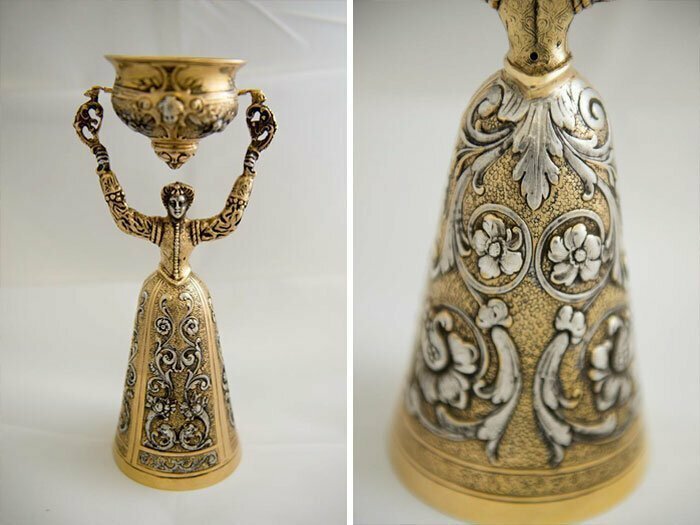 26. "Это - jugendfraubecher или "чаша невесты", которая использовалась в 1450-х годах в Японии, Англии и ряде стран Европы. Согласно легенде, жених и невеста на свадьбе должны были выпить из нее, не пролив ни капли"