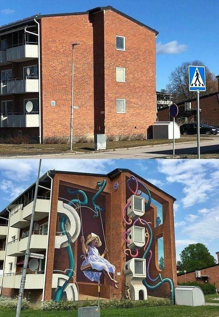Здание до и после граффити