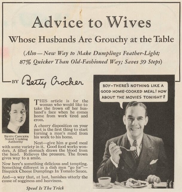 Вот, собственно: "Совет женам, чьи мужья приходят хмурыми и ворчат за столом"