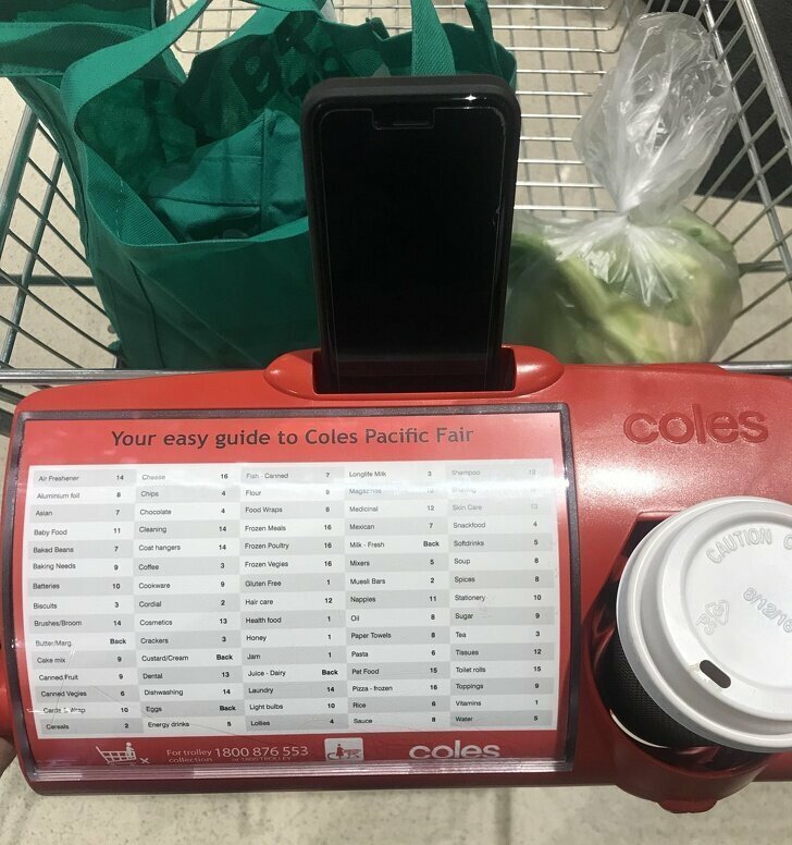 Тележка с держателем для стакана и смартфона и путеводителем по отделам супермаркета