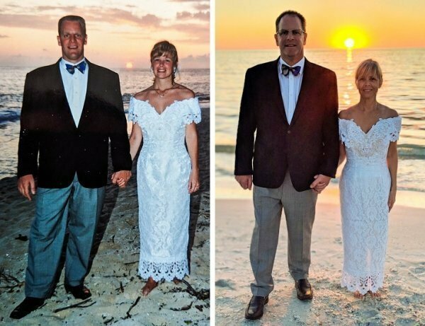 Муж и жена спустя 25 лет брака решили воссоздать свадебное фото и отпраздновать таким образом годовщину.