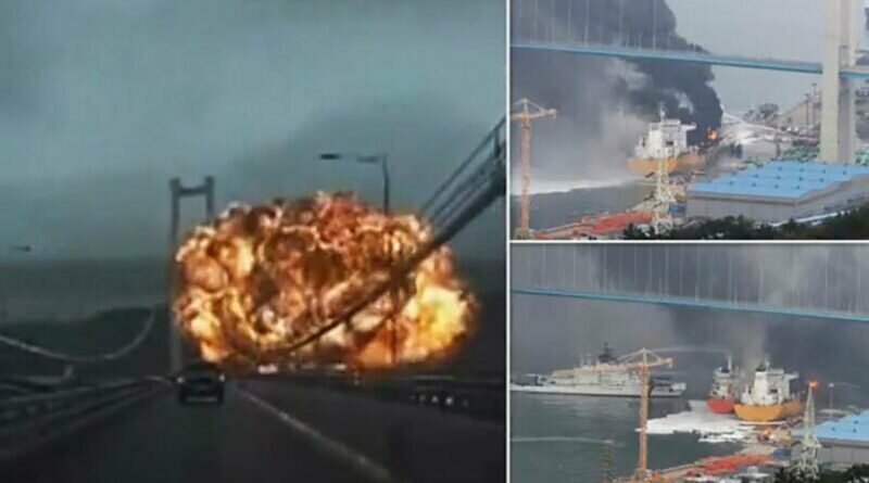 Невероятные кадры с огромным взрывом 25000-тонного нефтяного танкера в Южной Корее
