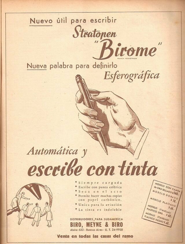 Первая реклама шариковой ручки от Биро: "Новый инструмент для письма - Birome"