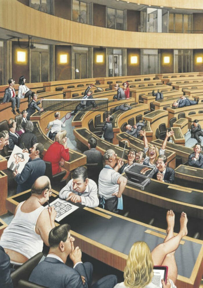 Буржуазный парламент: карикатура Герхарда Хадерера и описание юридического словаря.
