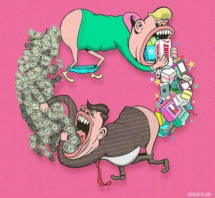 Общество потребления: карикатура Стива Каттса и описание краткого политического словаря. 